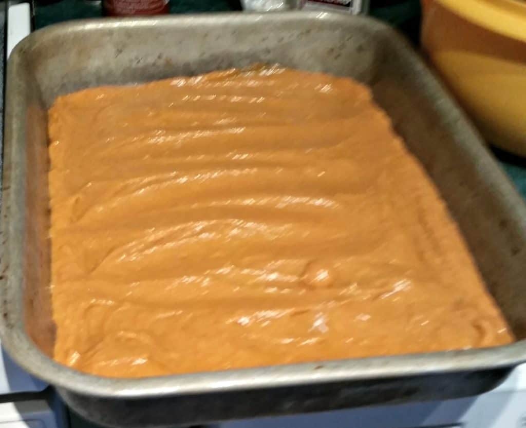 Marbled Pumpkin Cream Cheese Squares Pumpkin layer in pan